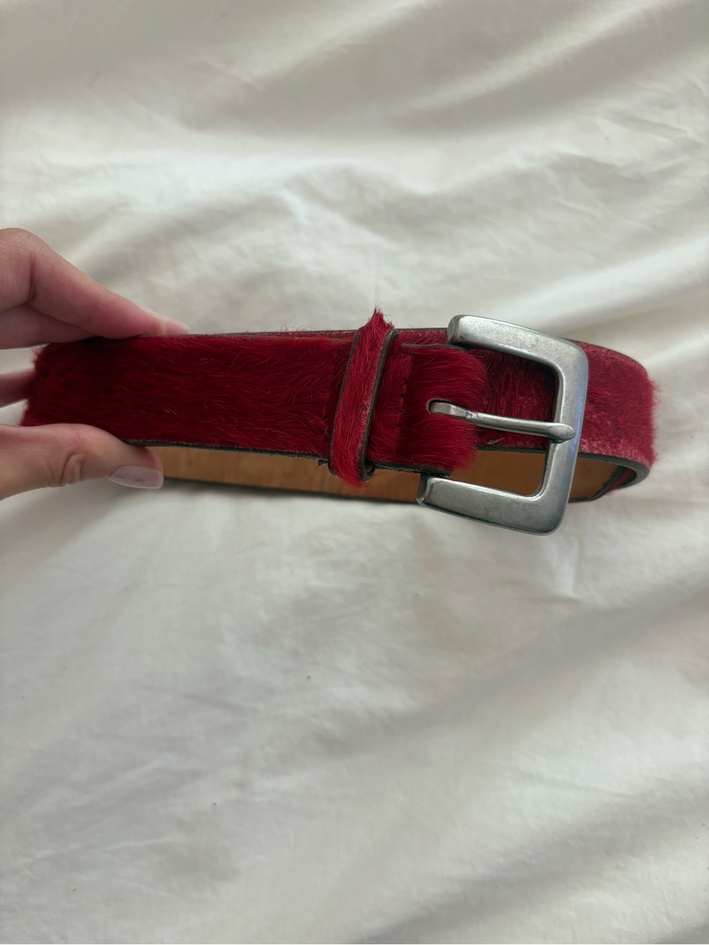 VTG GAP Red Haircalf Leather Belt with Brushed Silver Buckle